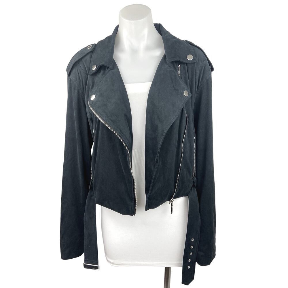 WeWoreWhat Danielle Bernstein Black Faux Suede Leather Biker Moto Jacket Size L